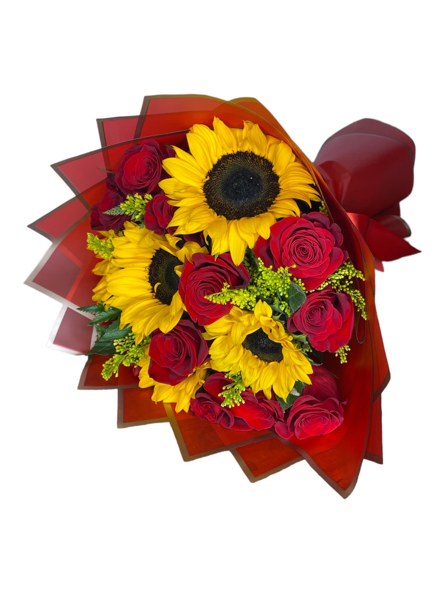 Red Roses w/ Sunflowers-Buchón Style  - Standard- 12 Red roses with 5 Sunflowers  Deluxe- 14 Red Roses with 6 Sunflowers Premium- 16 Red Roses with 7 Sunflowers