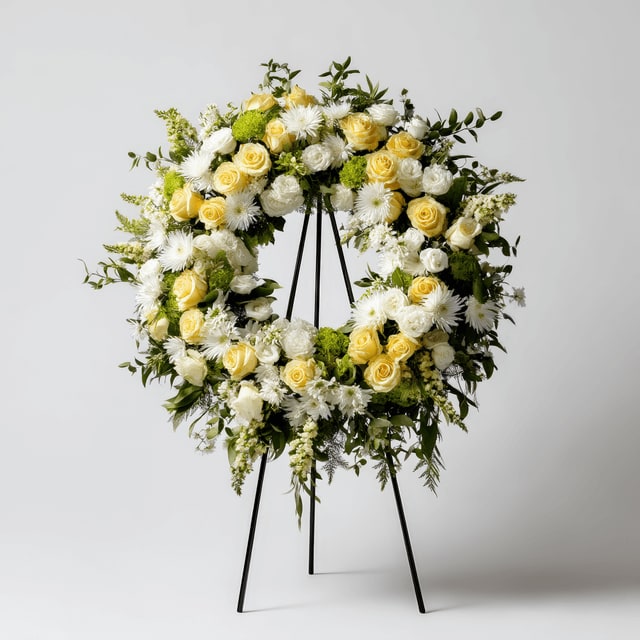 Standing wreath of yellow roses and white chrysanthemums on a black easel.