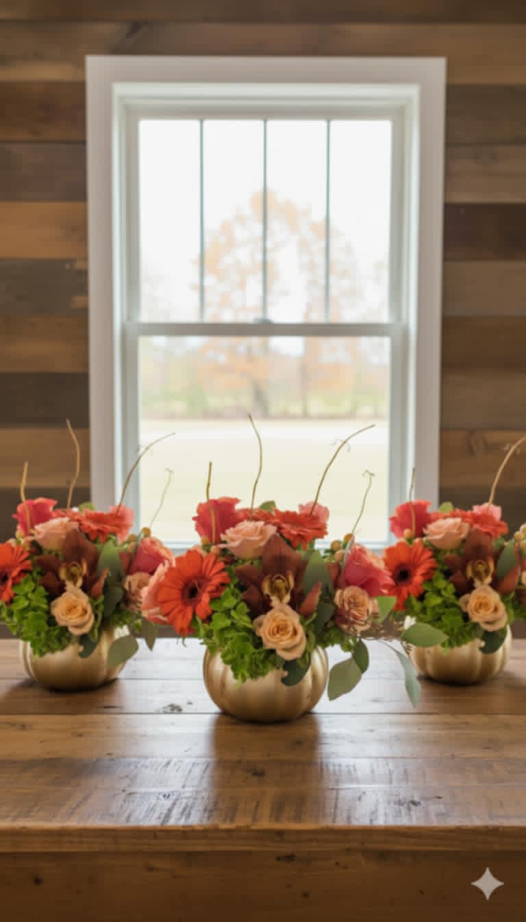 Three low fall flower arrangements with orange gerbera daisies and roses in gold pumpkin vases on a wooden table.