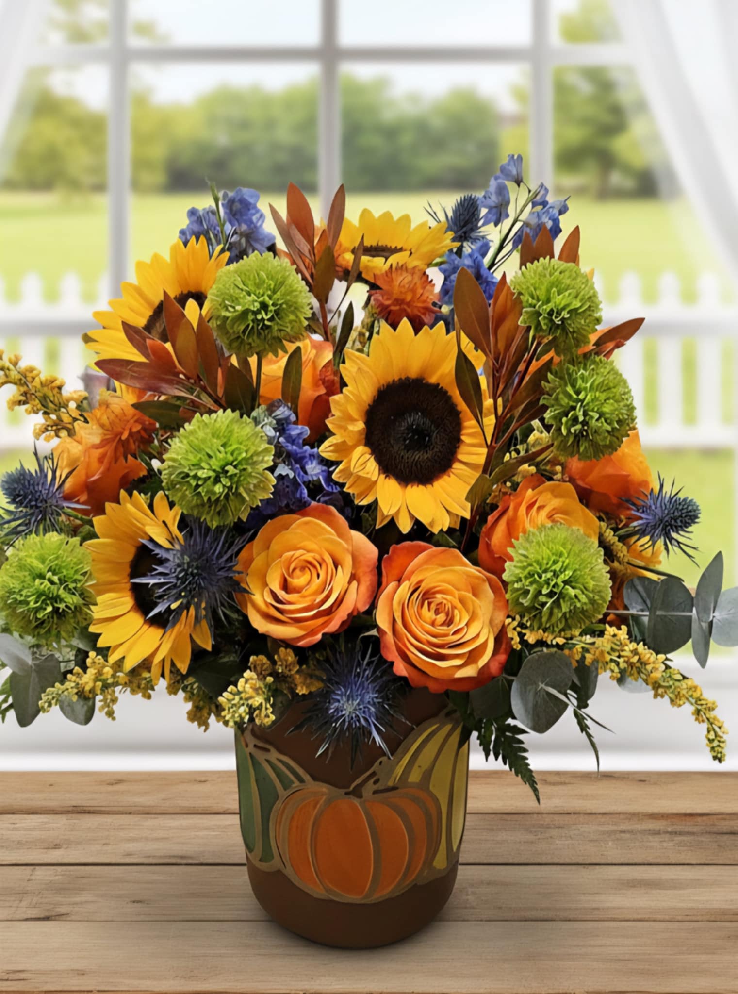 Autumn bouquet with sunflowers, orange roses, green mums, and blue accents in a pumpkin-decorated vase.