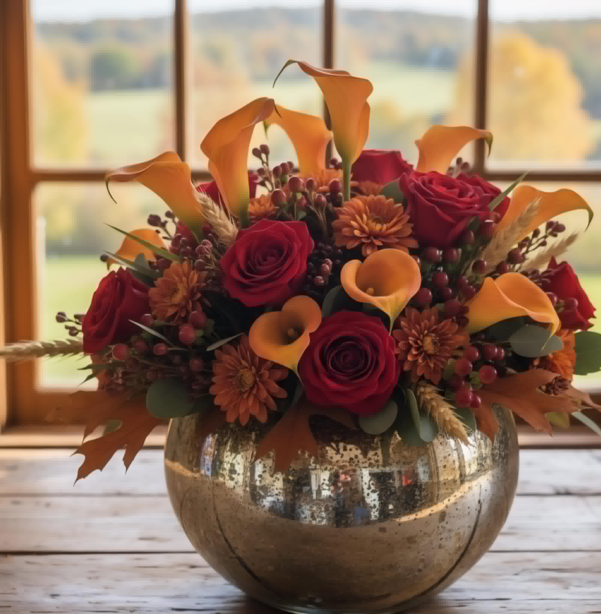 Low autumn arrangement of orange calla lilies, red roses, and mums in a round metallic bowl vase