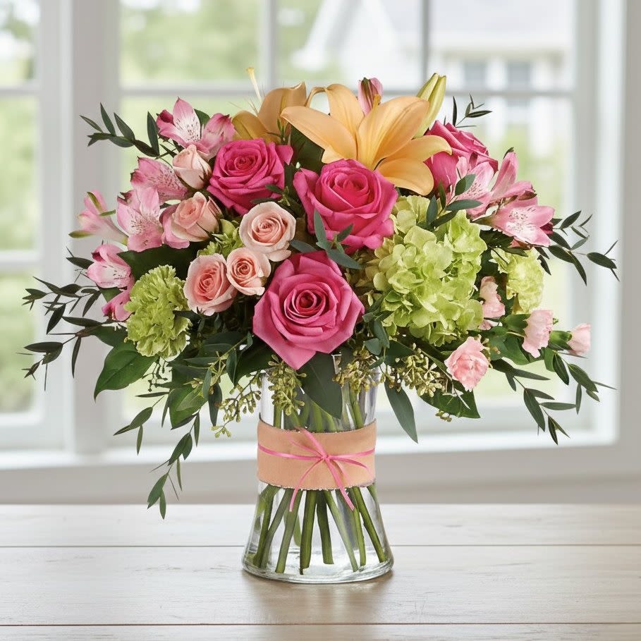 Mixed bouquet of pink roses, lilies, and green hydrangea in a clear glass vase with a pink-tied band.