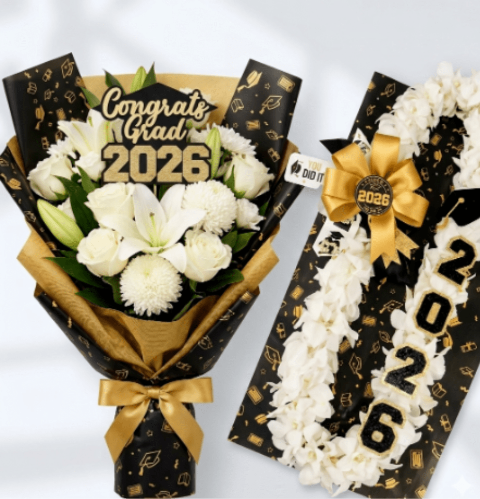 Grad Bundle -  A Lush Graduation Lei adorned for the year and a Festive Presentation Wrapped Floral