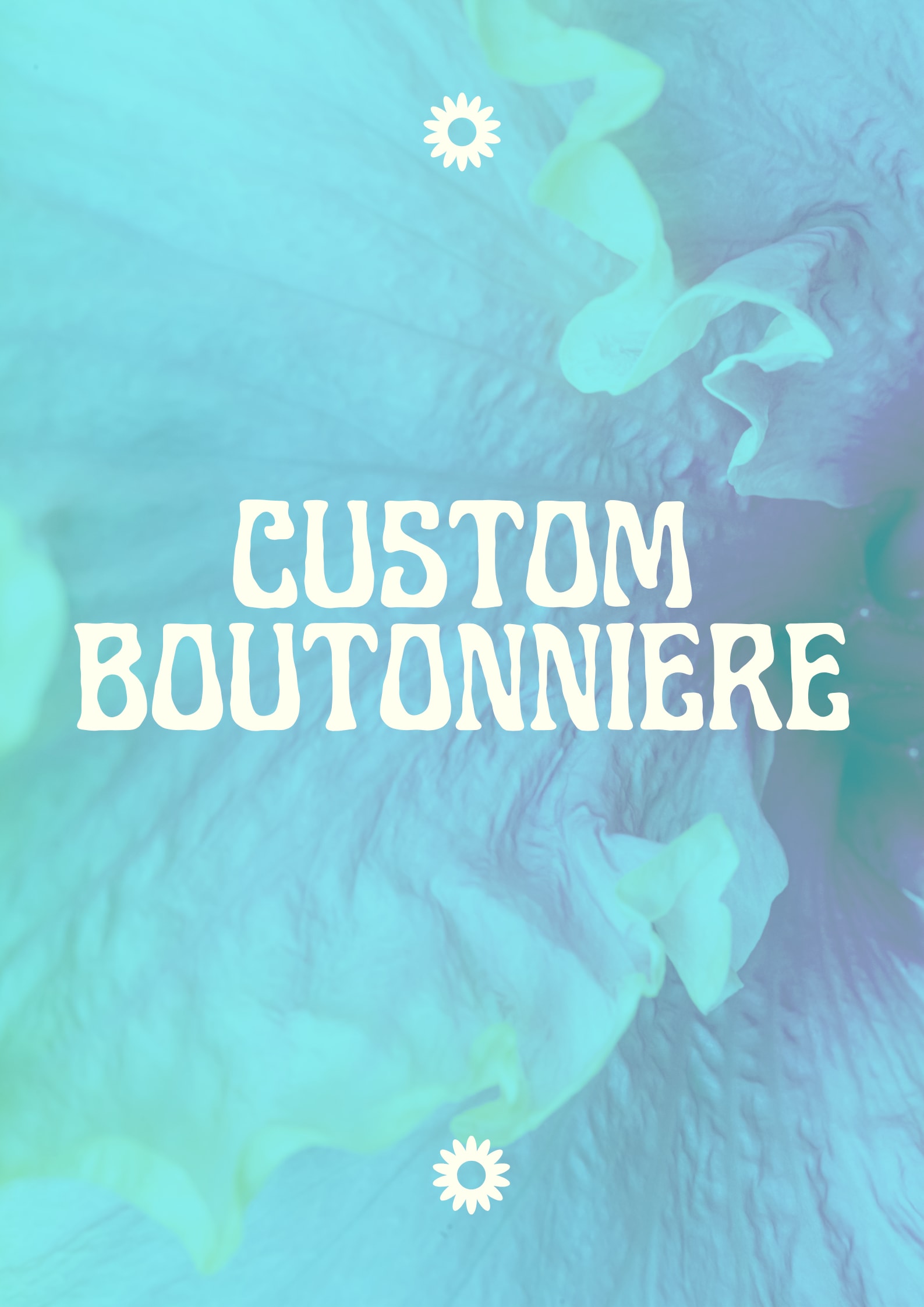 Custom boutonniere text over a blue floral background