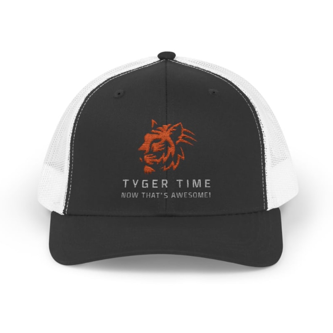 Black and white trucker cap with an orange tiger logo and text