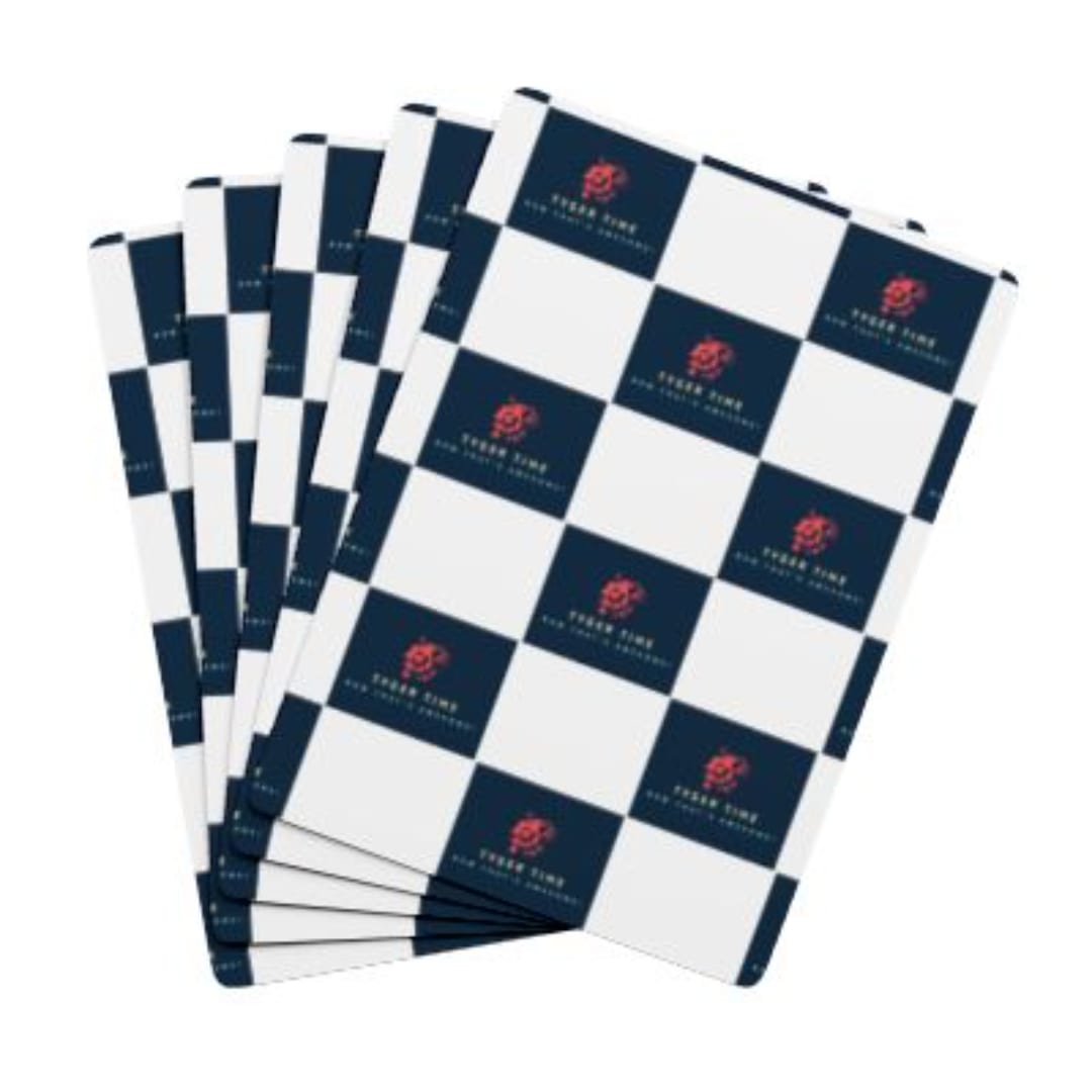 Stack of navy and white checkered floral wrapping sheets with a logo print