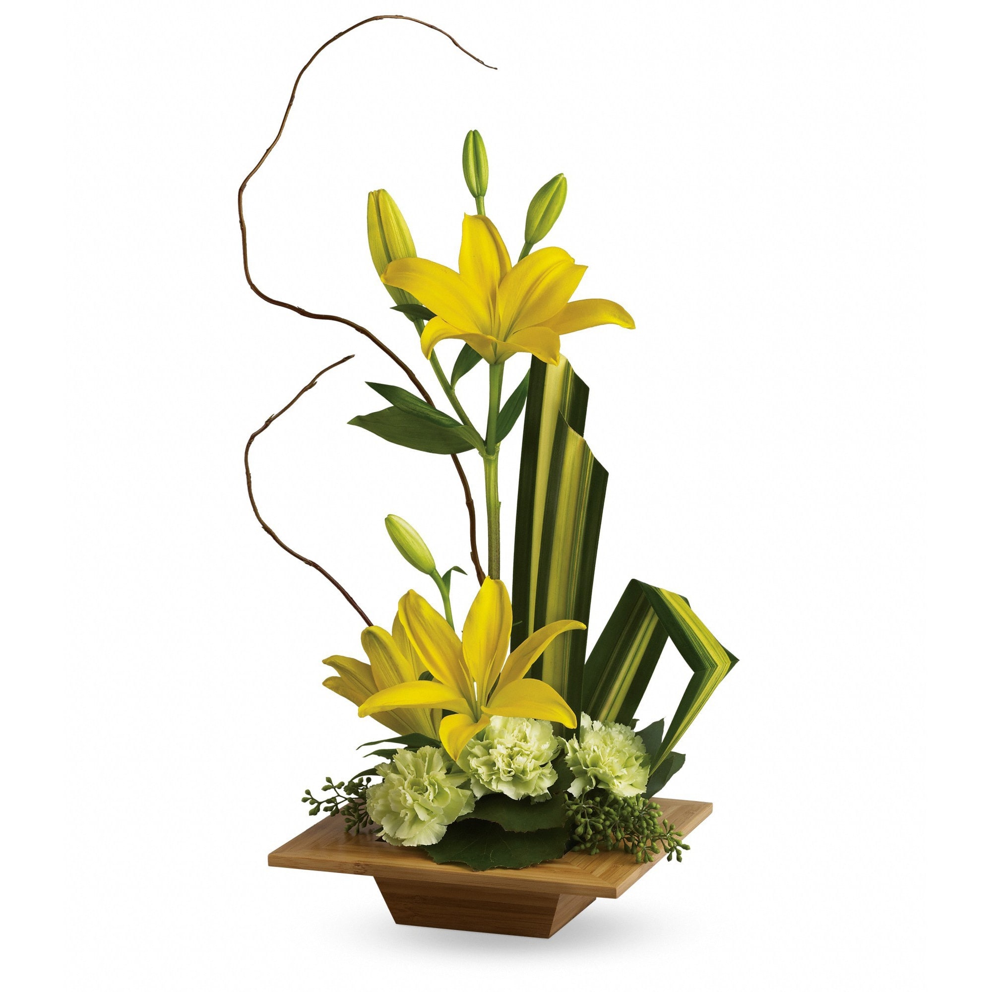 Yellow lilies arranged in a wooden container with green carnations