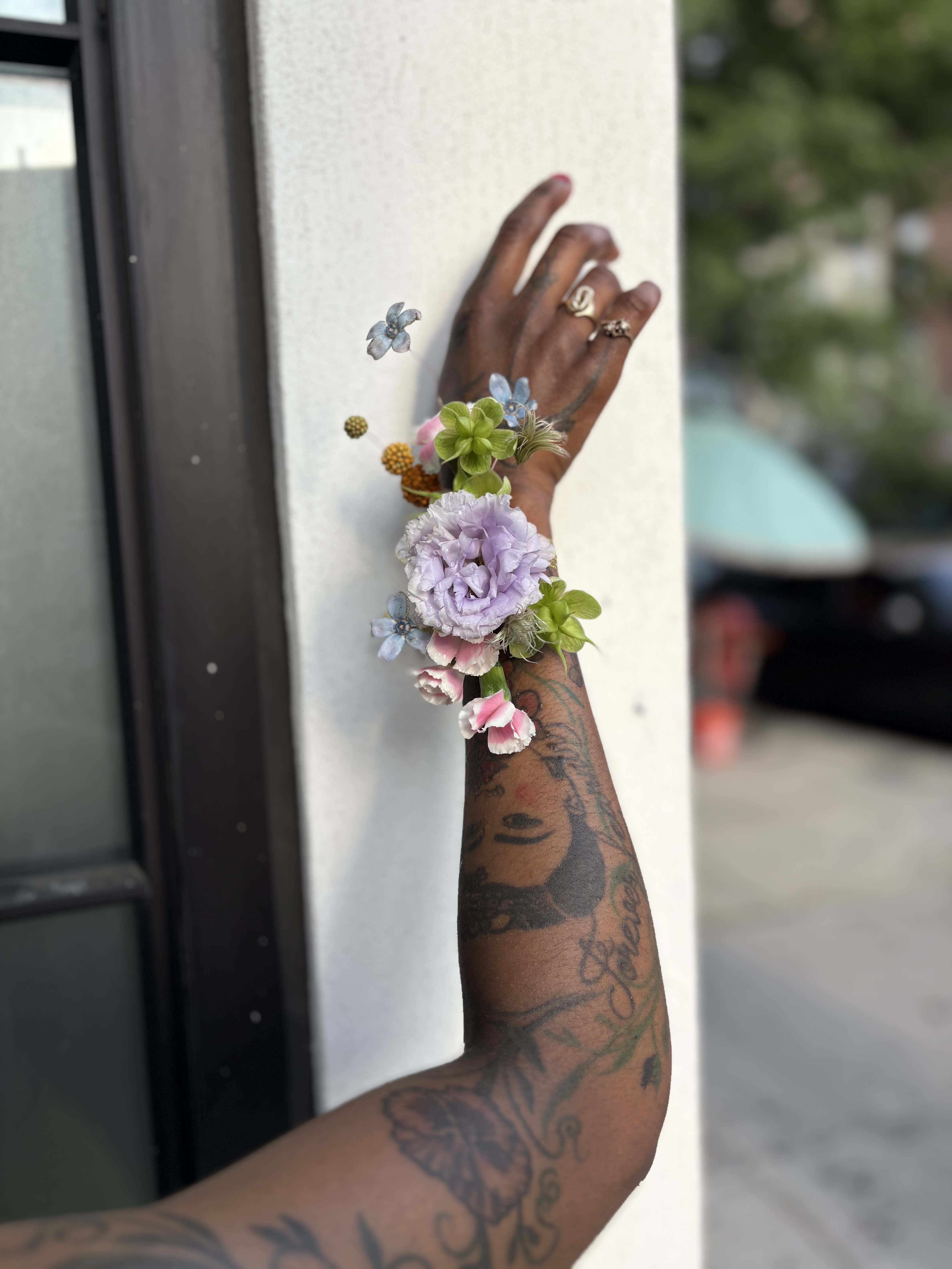 The Floating Corsage  - Complete your prom look with our "Floating corsage" cunstructed with rose gold wire, liux blooms such hellebore, lisianthus, 