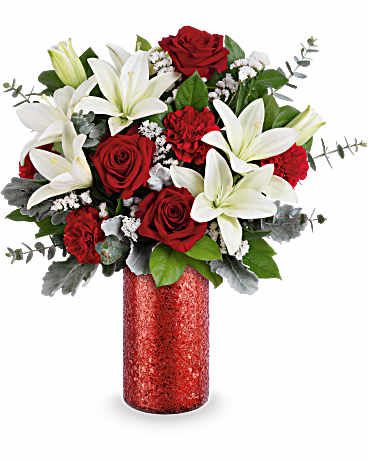 Teleflora's Scarlet Embrace Bouquet - Passionate yet elegant, Teleflora's Scarlet Embrace Bouquet pairs classic red roses and carnations with white lilies in a radiant red sparkle vase. A striking Valentine's Day gift that beautifully captures love's timeless allure.