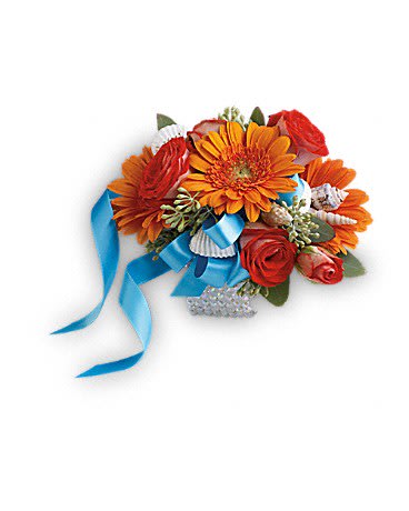 Sunset Magic Corsage - Glorious orange roses and gerberas accented with charming seashells for a magical beachside feel.