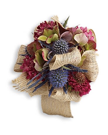 Midnight Wanderings Corsage - Take your own path with this wild wondrous blend of green hydrangea and blue eryngium.