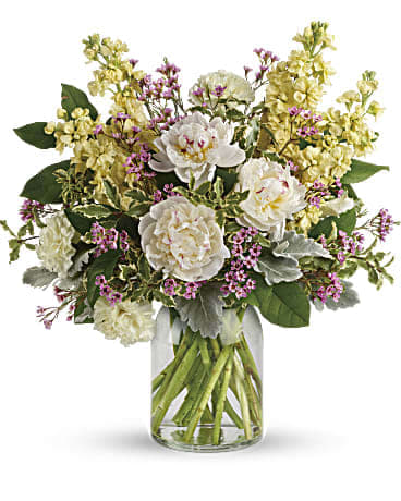 Serene Spring Peony Bouquet - Put a stylish spin on spring celebrations with this chic bouquet of perfect peonies carnations and stock. Its creamy color scheme and vintage-inspired milk jug vase bring sophisticated serenity to any occasion!