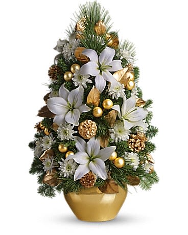 Celebration Tree - Here's a beautiful boost to the spirit of the season. Gorgeous blossoms ornaments and greens are shaped to look like a Christmas tree - it's fabulously unique!
