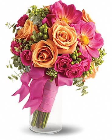 Passionate Embrace Bouquet - Evoke the exciting passion of true love with this high-fashion bouquet of hot pink orange and green.
