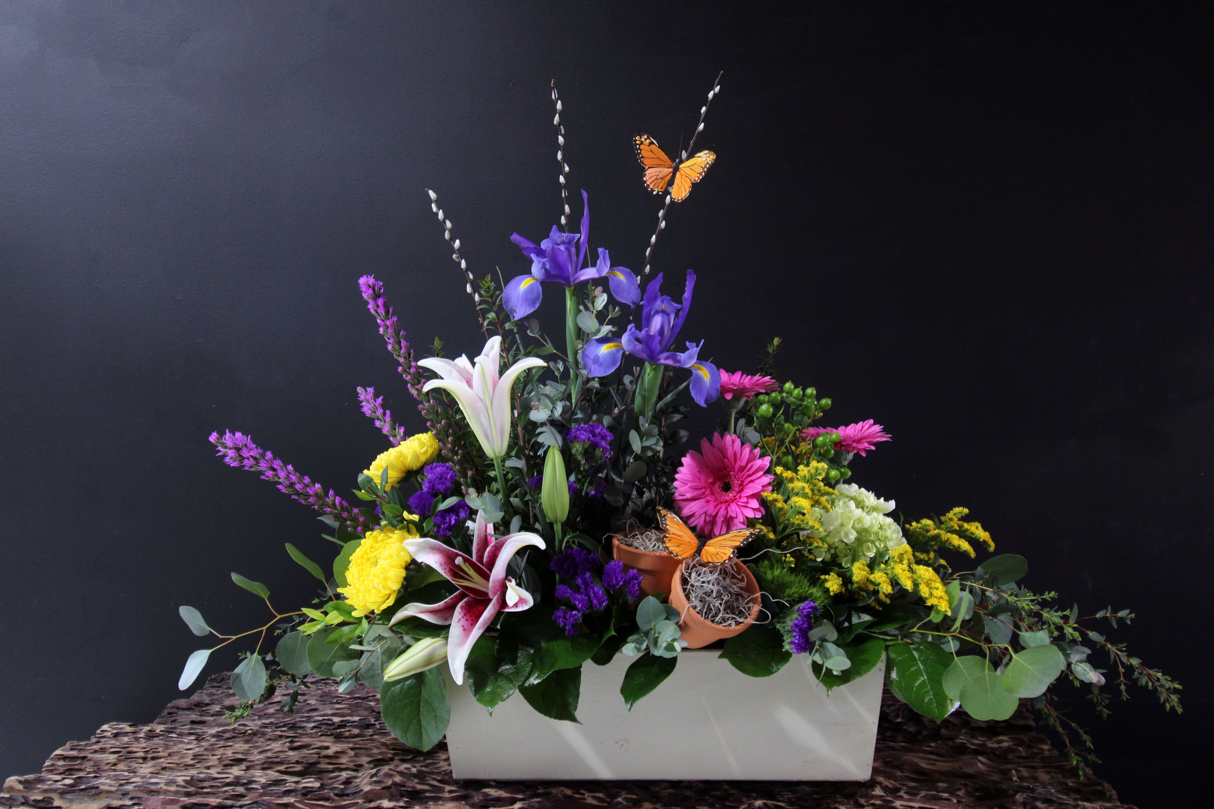 Vibrant Meadow - Sympathy - A vibrant whimsical garden style arrangement full of color and to give hope during the celebration of life. With a couple of decorative butterflies among the blooms we hope they bring comfort to those who are grieving the loss of a loved one.