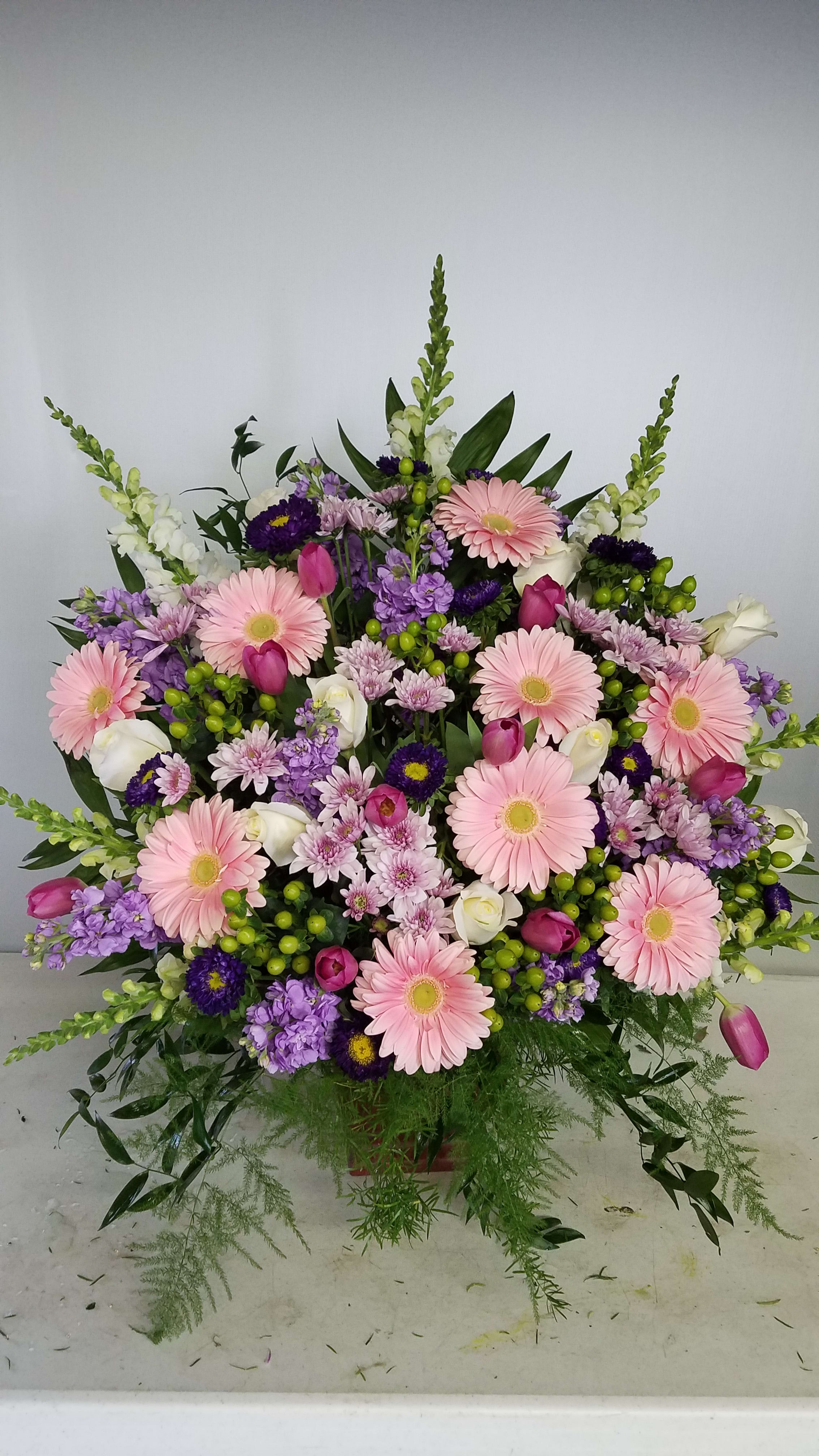 Funeral Tribute Urn - Gerbera Daisy, Hypericum, Snapdragons, Mums, Roses, Tulip, Stock, Aster