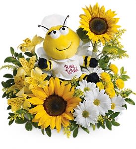 Bee Well - Stuffed Bee sitting among Sunflowers, Daisy, Alstroemeria and Mums