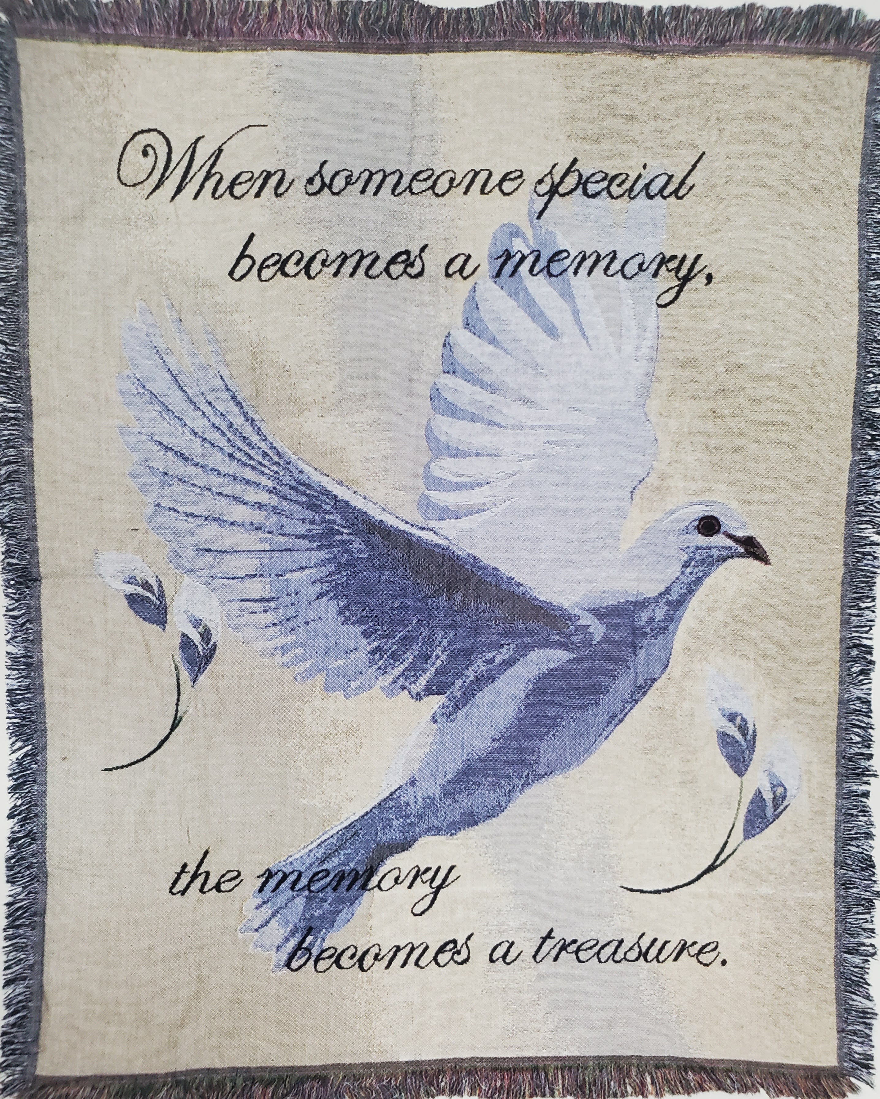 Decorative blanket with a dove and memorial quote