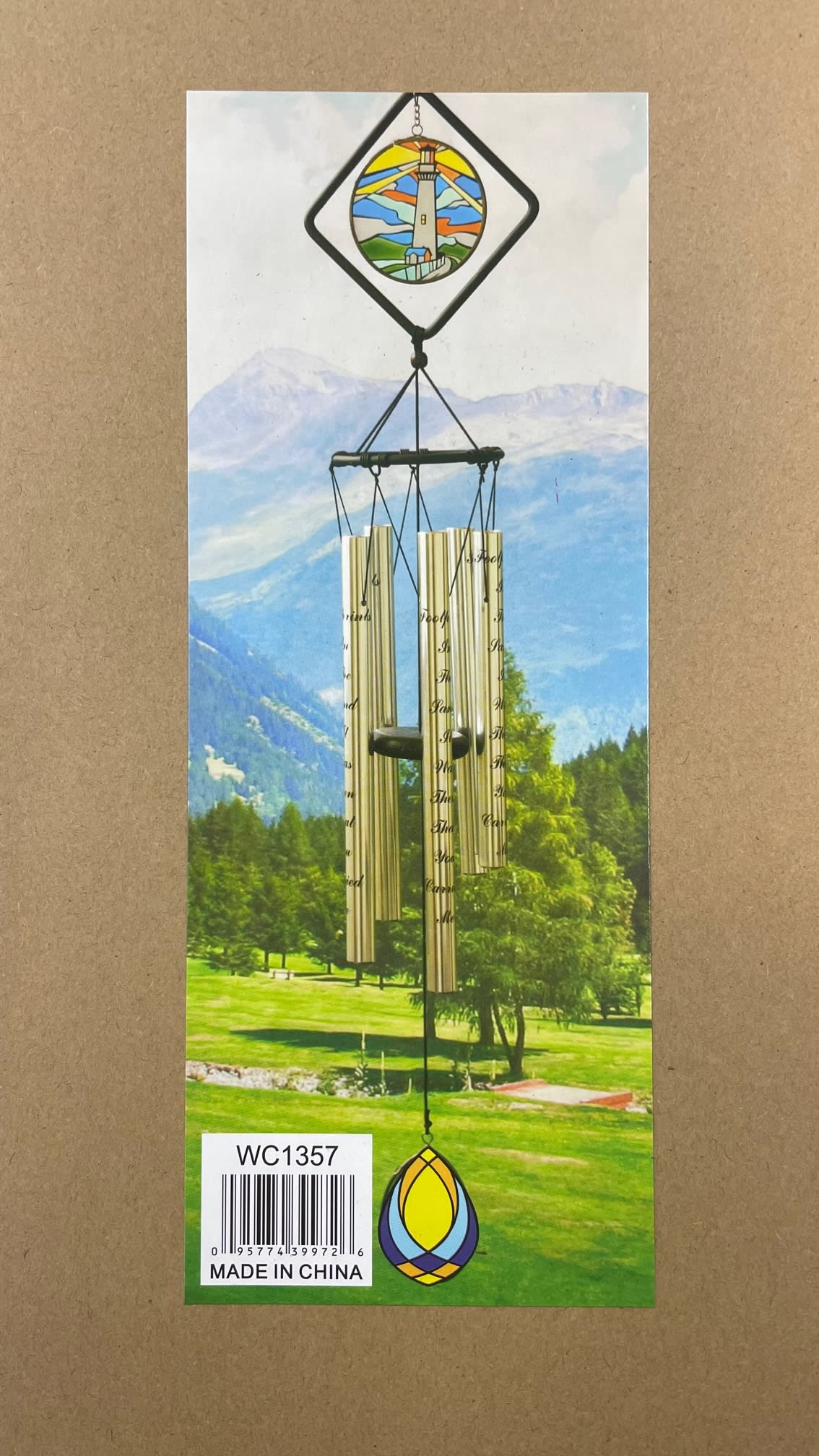 Decorative wind chime with stained-glass accents and metal tubes