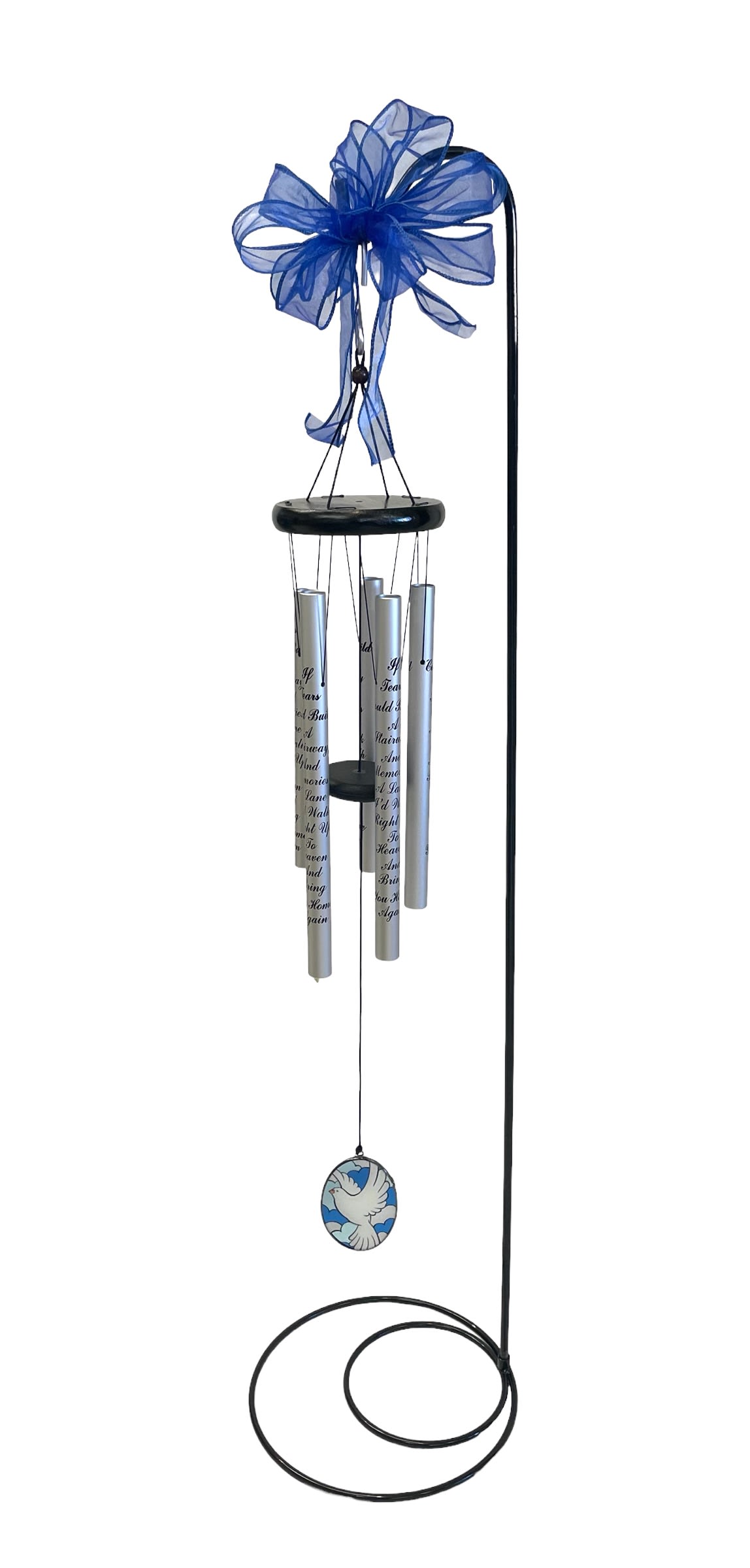 Blue memorial wind chime with a dove pendant and ribbon bow
