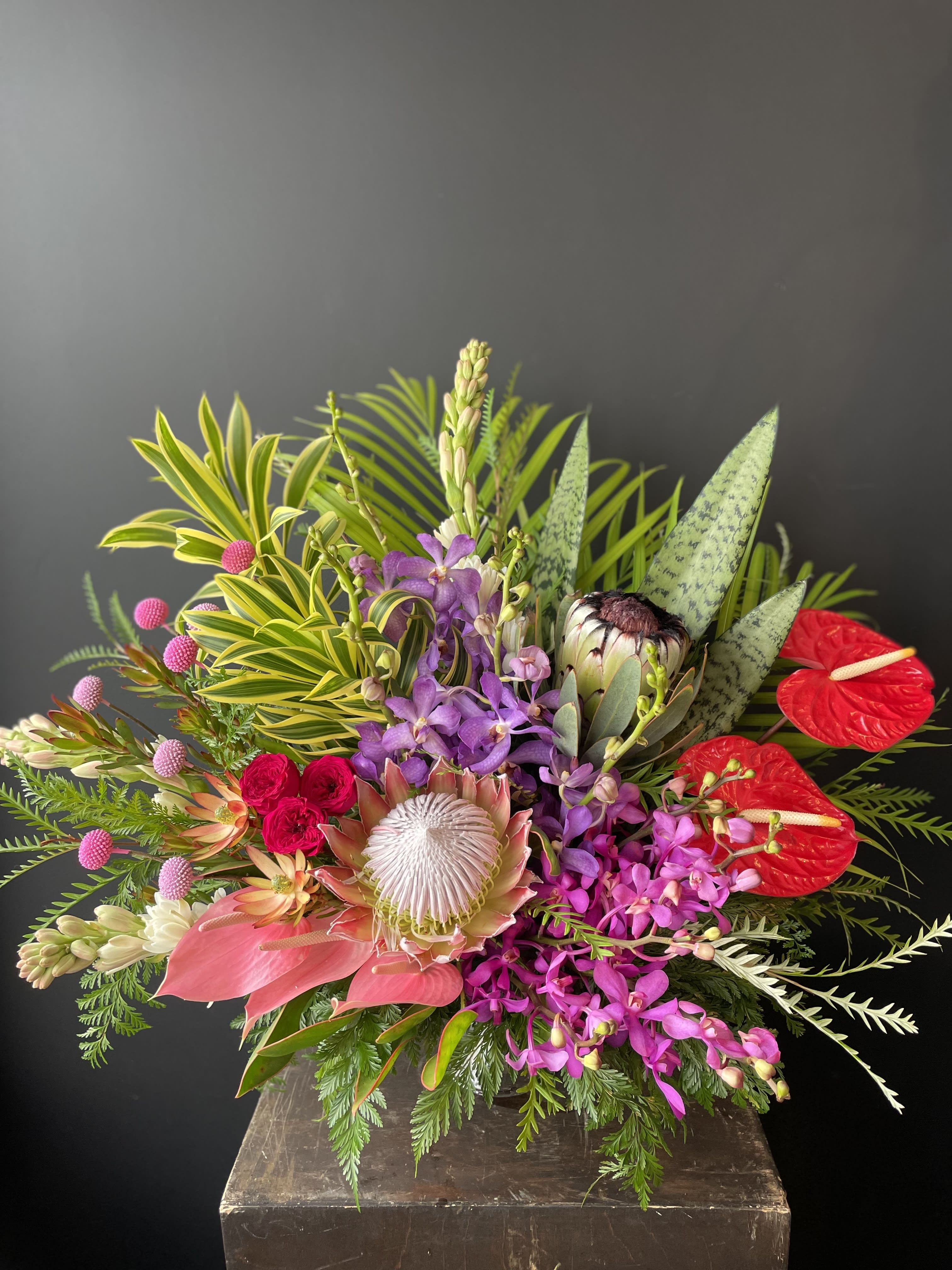 Tropical bouquet with purple orchids, red anthuriums, and a protea in a vase
