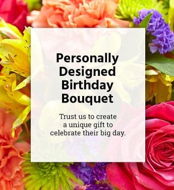 Colorful birthday bouquet with a text card in the center