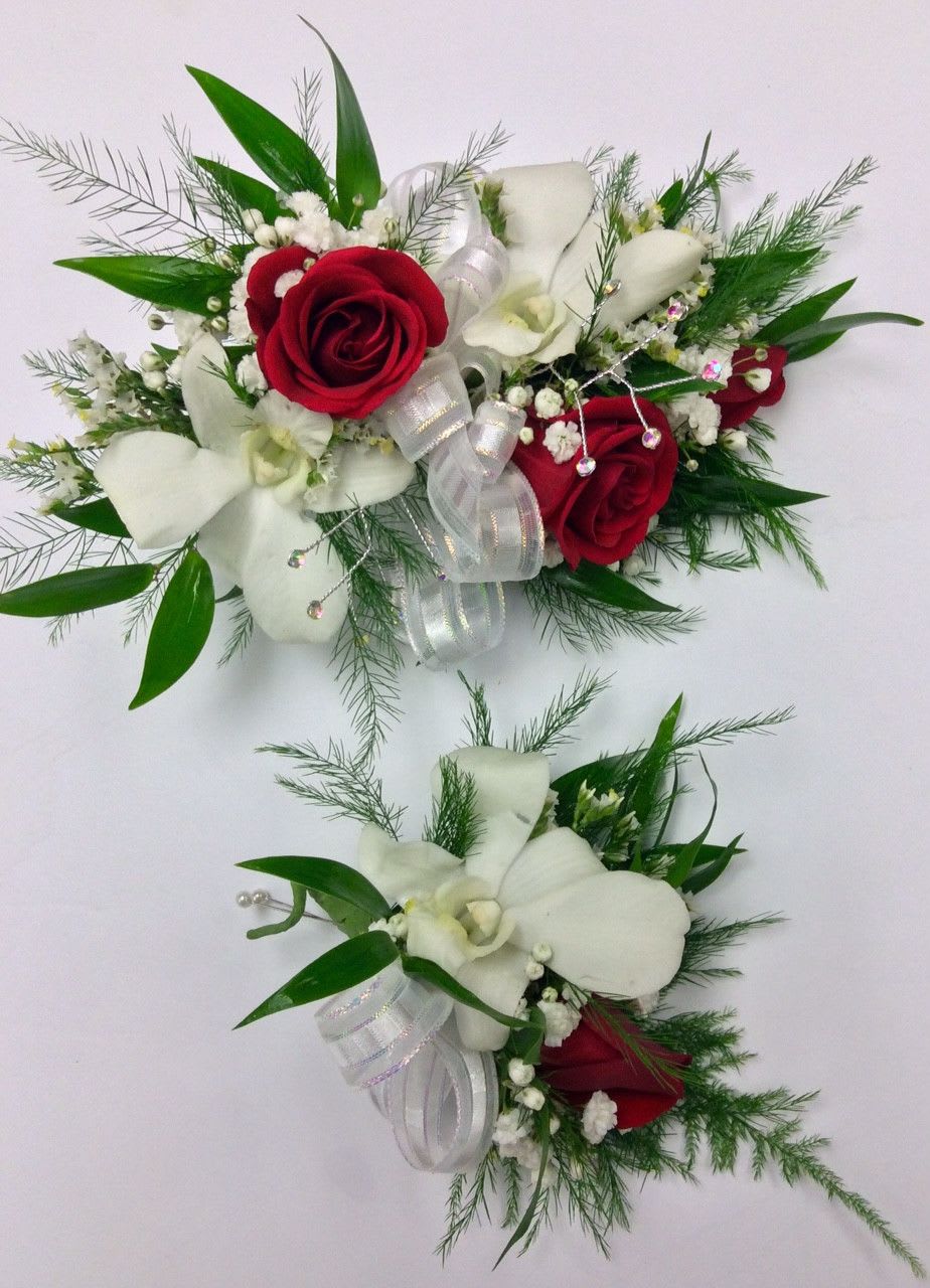 Corsage and Boutonniere ( BC11) - This set of Corsage and Boutonniere made with red spray roses and white dendrobium, finish with baby's breath and tree fern  rescues  