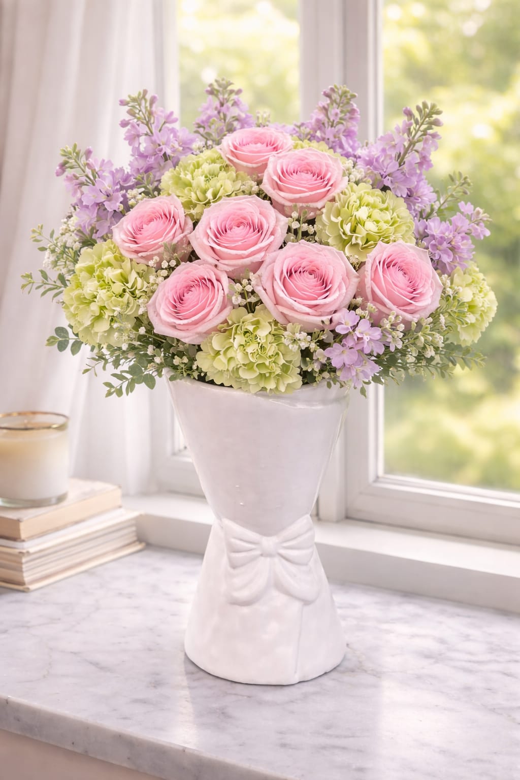  Beauty and Elegant Mom - Ideal to surprise mom for Mother's Day. This beautiful and elegant arrangement is made with pink Roses, Hydrangea and Lavender Stock, all this soft beautiful and elegant put together in a hand craft in a ceramic vase.