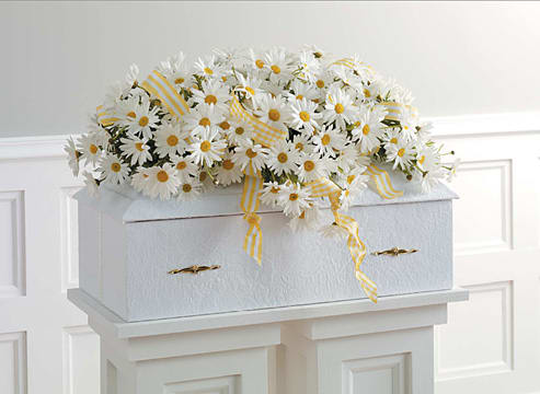 The FTD® Glory Be™ Flag Tribute - The FTD® Glory Be™ Flag Tribute is a symbol of patriotic beauty to commemorate the life of your loved one at their farewell service. Red carnations, white chrysanthemums and blue dyed white chrysanthemums create a stirring arrangement in the likeness of the American flag with white rose accents to symbolize the stars. Displayed on a wire easel, this exquisite arrangement will bring comfort and peace to their family and friends. Approximately 24"H x 18"W. Your purchase includes a complimentary personalized gift message.