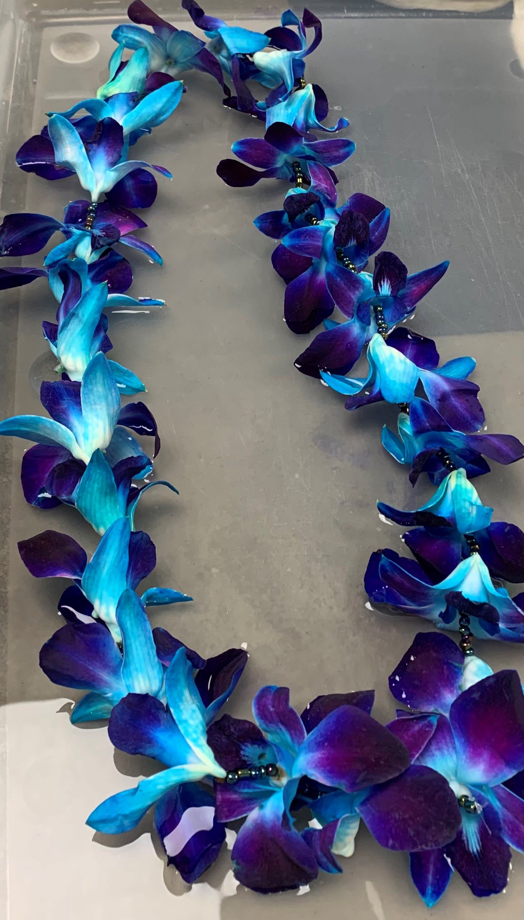 Blue and purple orchid lei on a gray surface