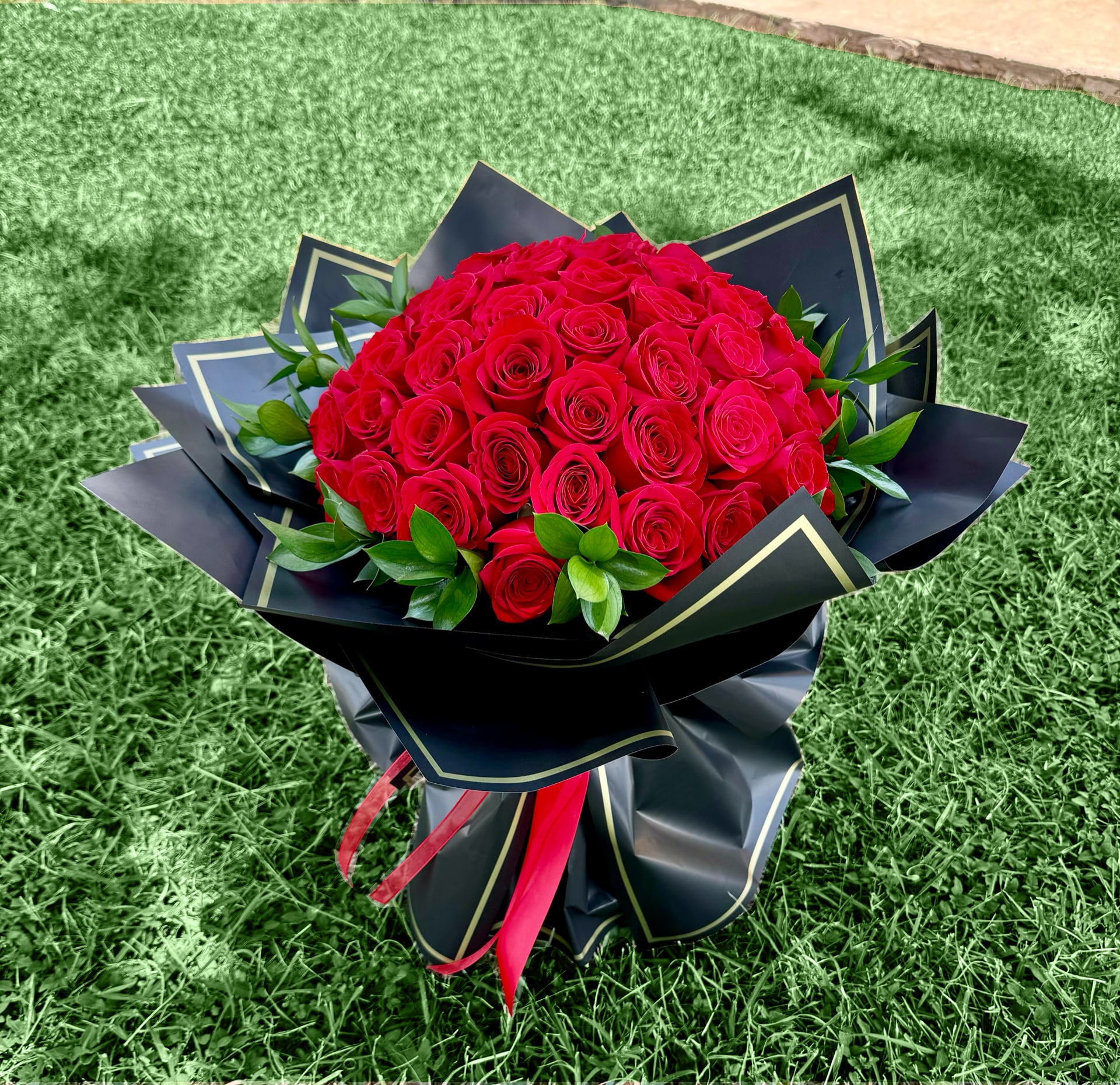 Large bouquet of red roses wrapped in black paper with a red ribbon