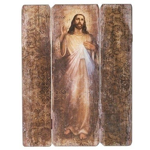 Three-panel religious wall art with an image of Jesus in the center