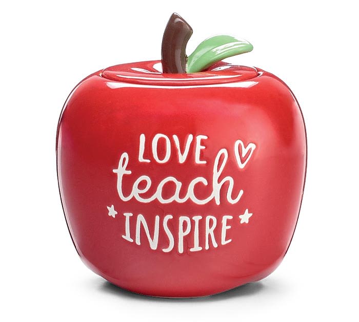Red apple-shaped decorative container with "Love teach inspire" text