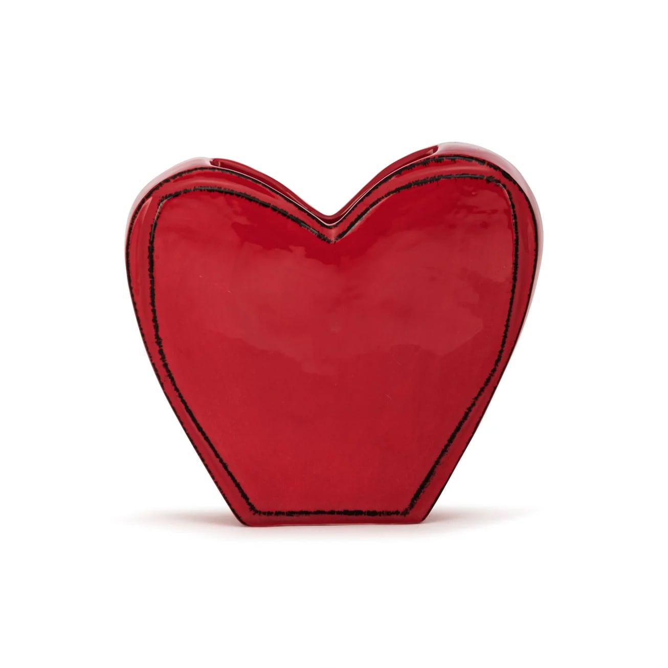 Red heart-shaped ceramic vase on a white background
