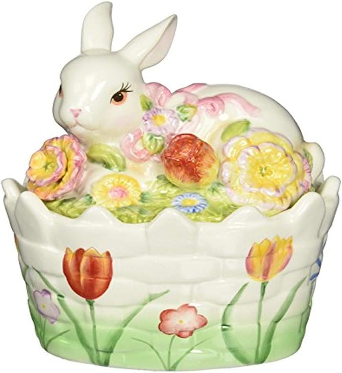 Ceramic bunny in a flowered basket with pastel eggs