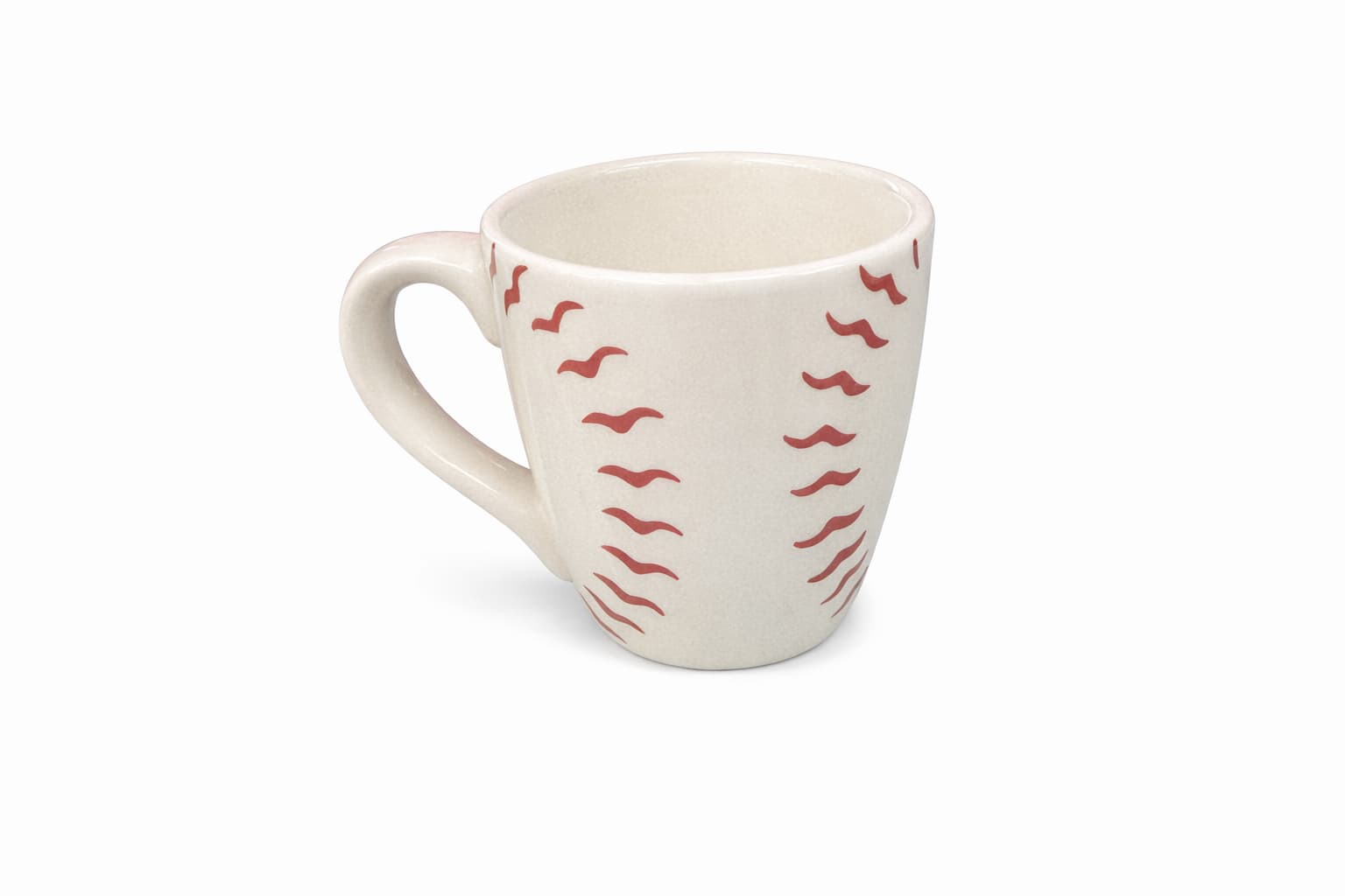 Cream ceramic mug with red wavy stripe pattern