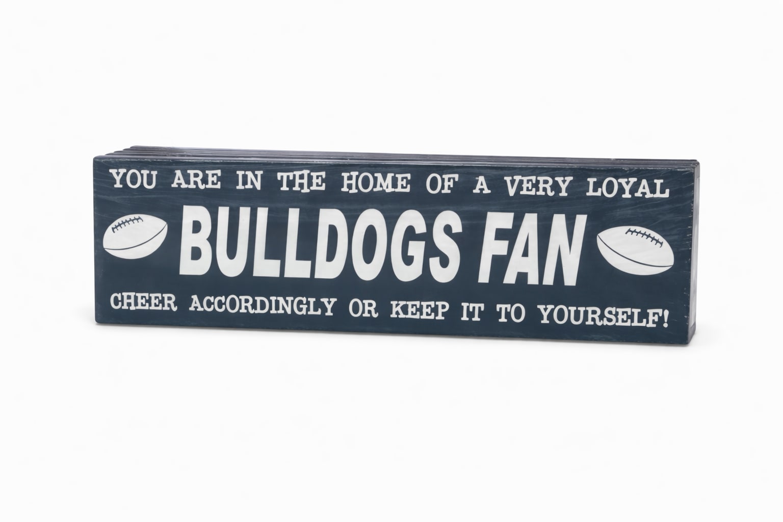 Wooden sign reading "Bulldogs Fan" with football graphics