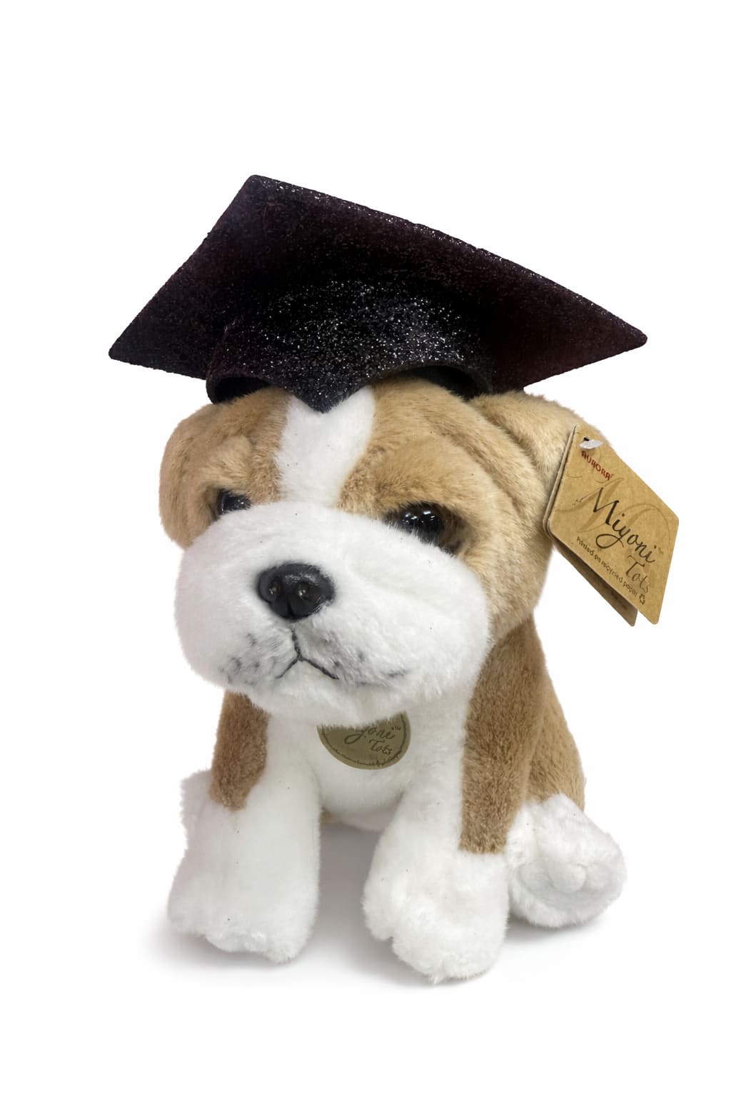 Plush puppy wearing a graduation cap