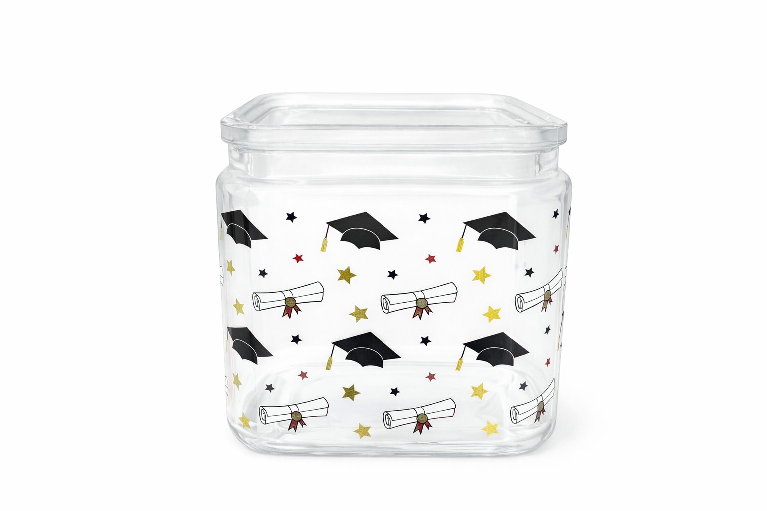 Clear square glass jar with graduation cap and diploma pattern