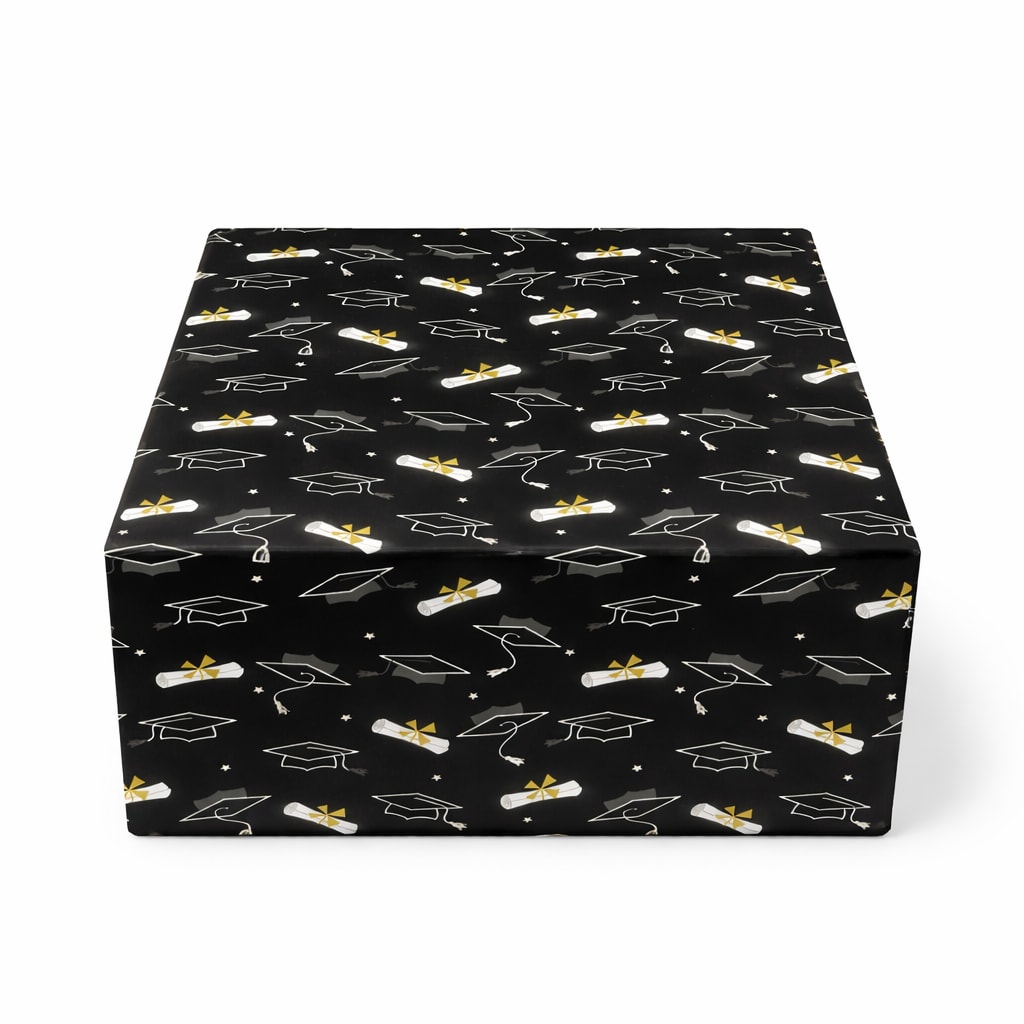 Black gift box with graduation cap and diploma pattern
