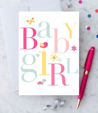 Baby girl greeting card with pastel letters and a pink pen