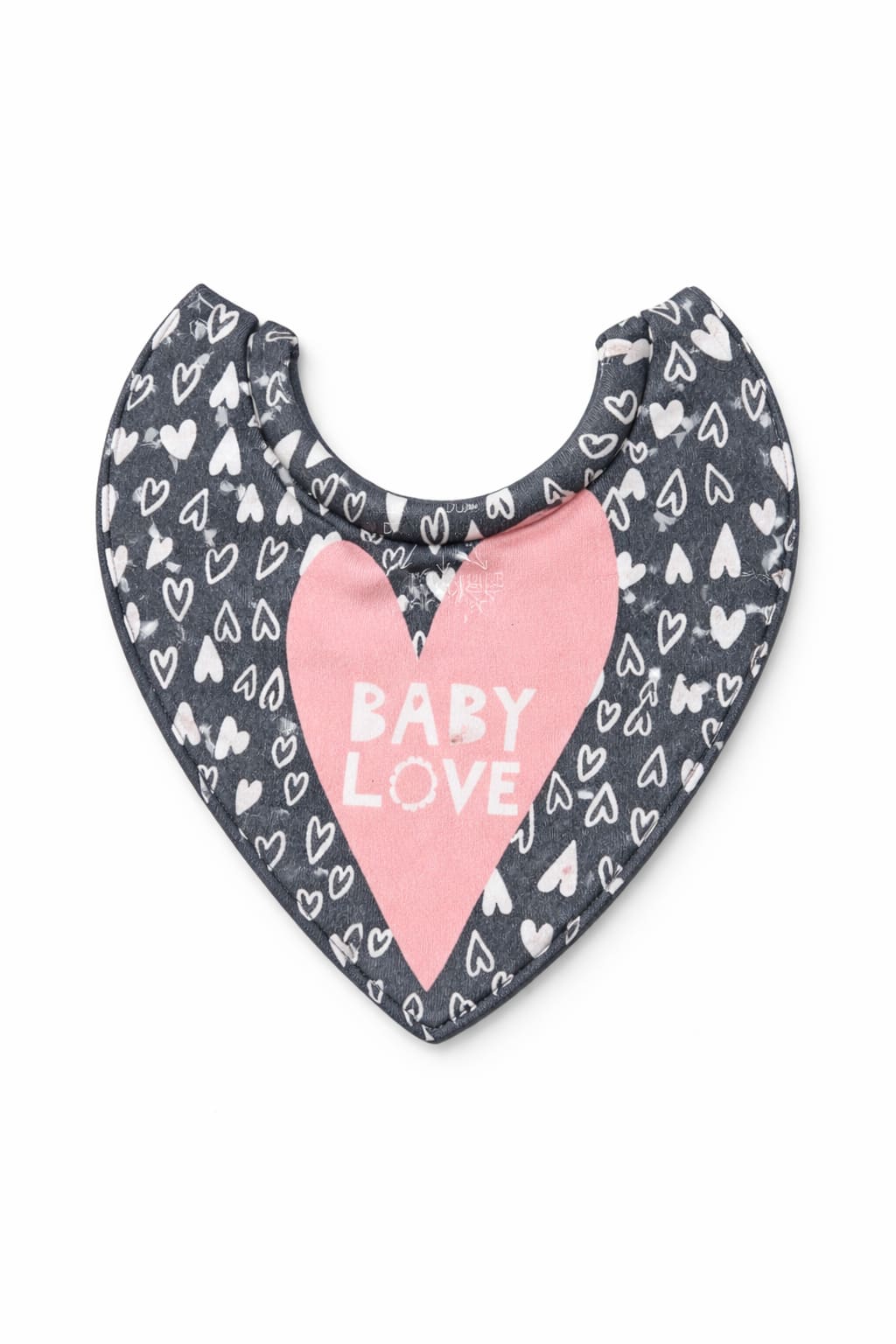 Heart-pattern baby bib with pink "BABY LOVE" graphic