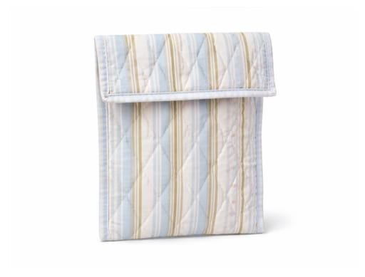 Quilted striped fabric pouch in pale blue and cream