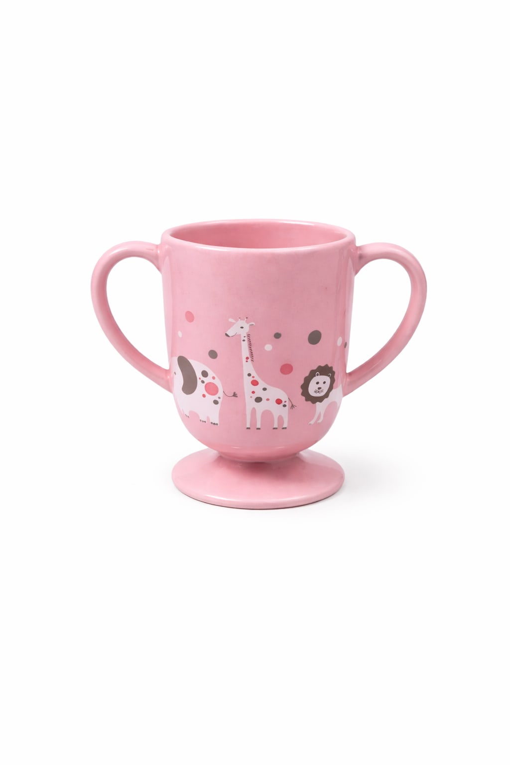 Pink handled cup with animal illustrations