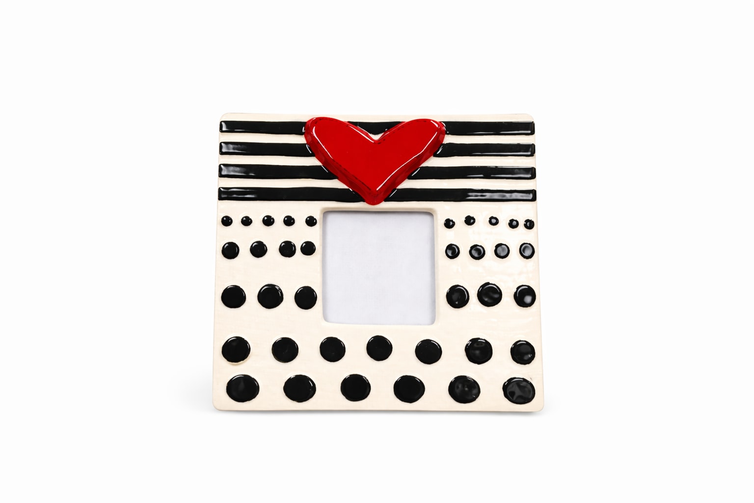 Decorative ceramic photo frame with a red heart and black stripes