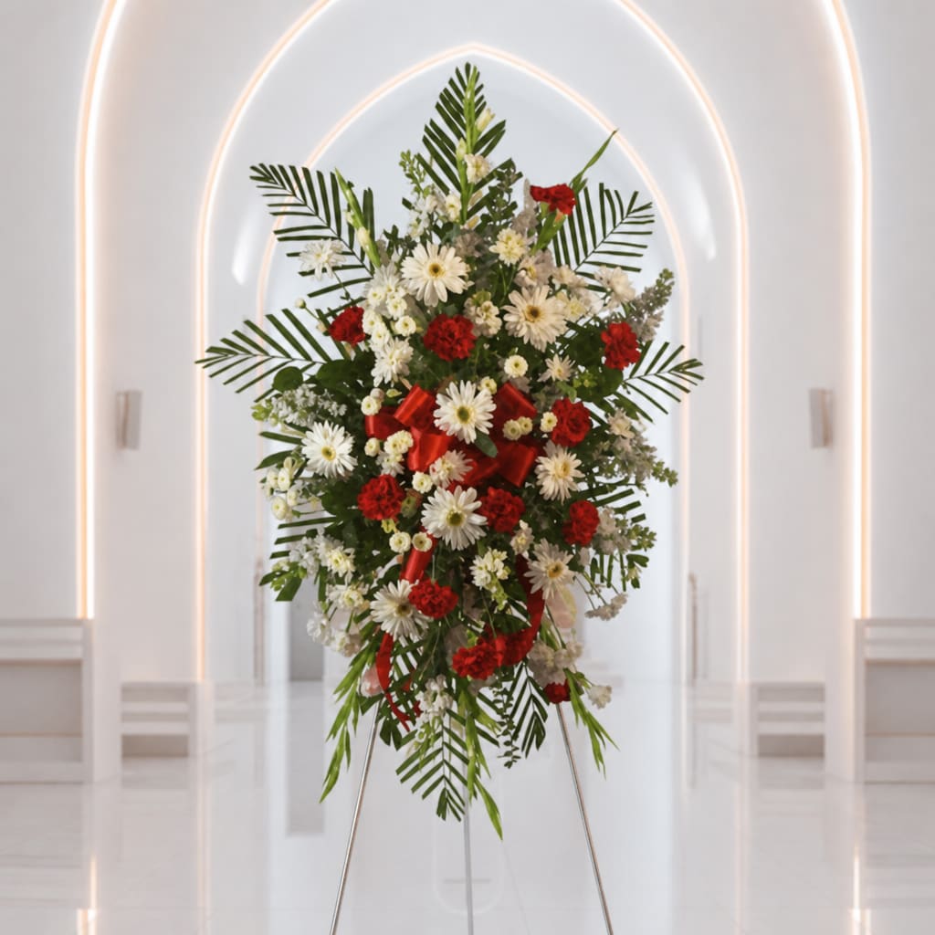 Standing floral spray with red and white flowers on a metal easel