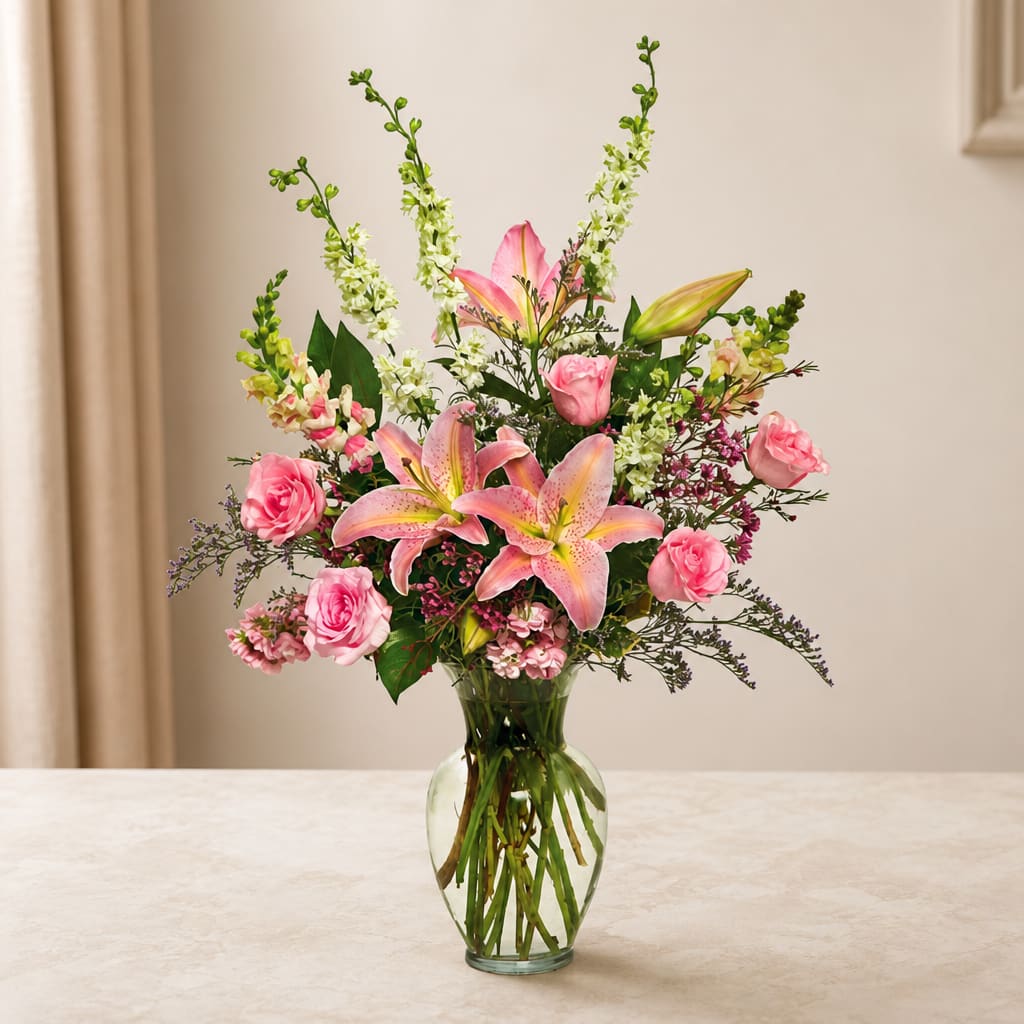 Pink lilies and roses arranged in a clear glass vase