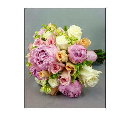 Bouquet of pink, white, and peach roses with lavender blooms