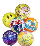 Cluster of colorful get-well balloons with cheerful messages
