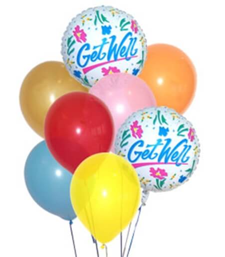 Cluster of colorful balloons, including two Get Well balloons